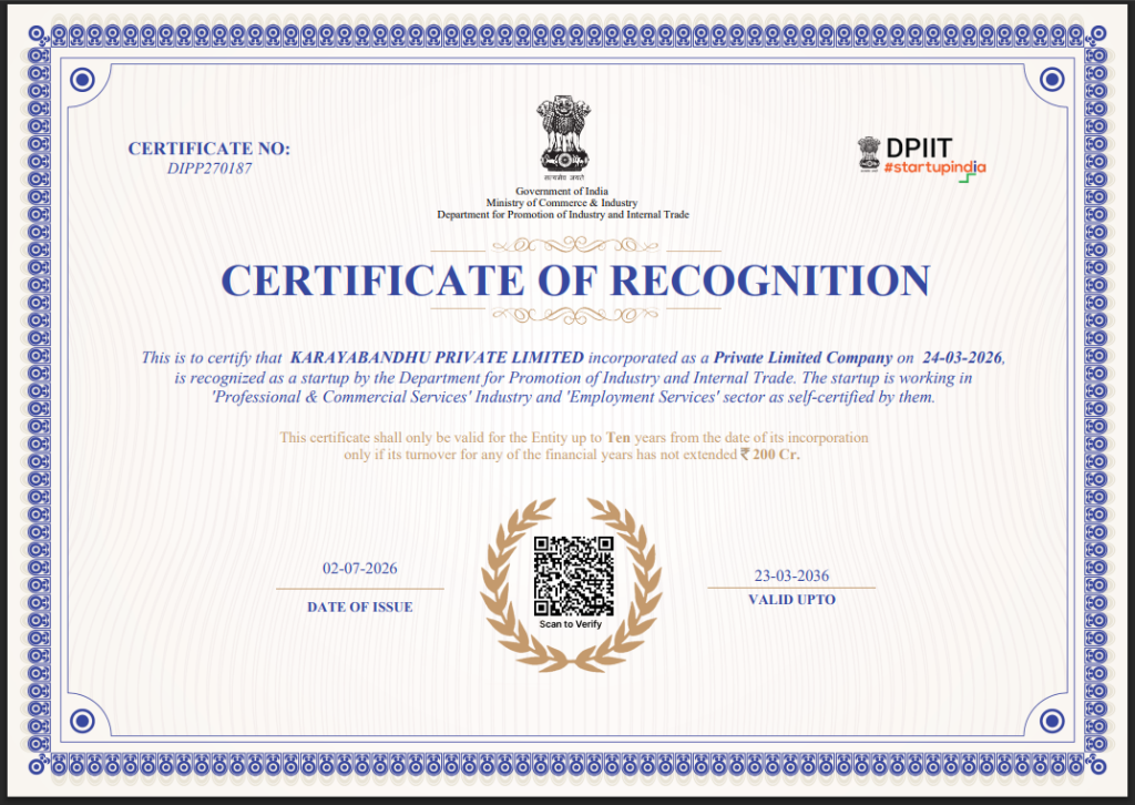DPIIT Startup India Certificate of Recognition for Karaya Bandhu Private Limited